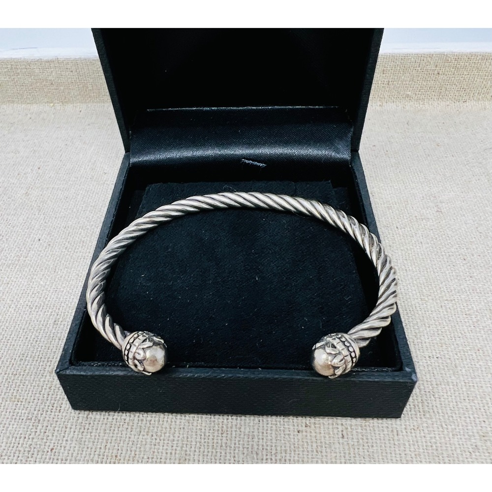 Sterling Silver 925 Acorn Finials Twisted Cable Cuff Bracelet